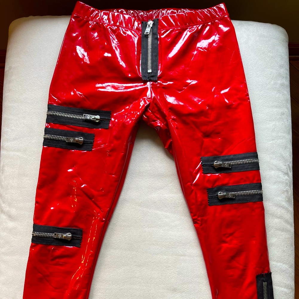 red “leather” zip up pants